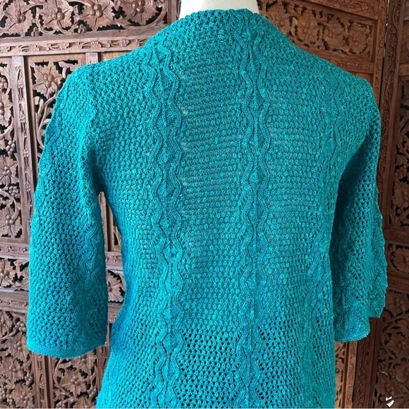 Vintage Teal Cotton Crochet Knit Tie-Neck Quarter Sleeve Sweater Boho Beach - Picture 10 of 13